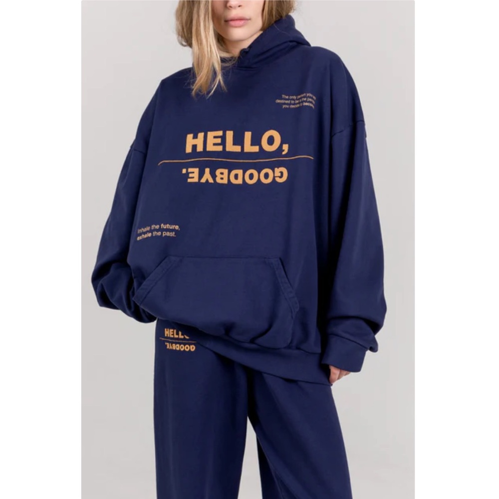 Mayfair Hello Goodbye Navy Blue Hoodie Embroidered Oversized Sweatshirt